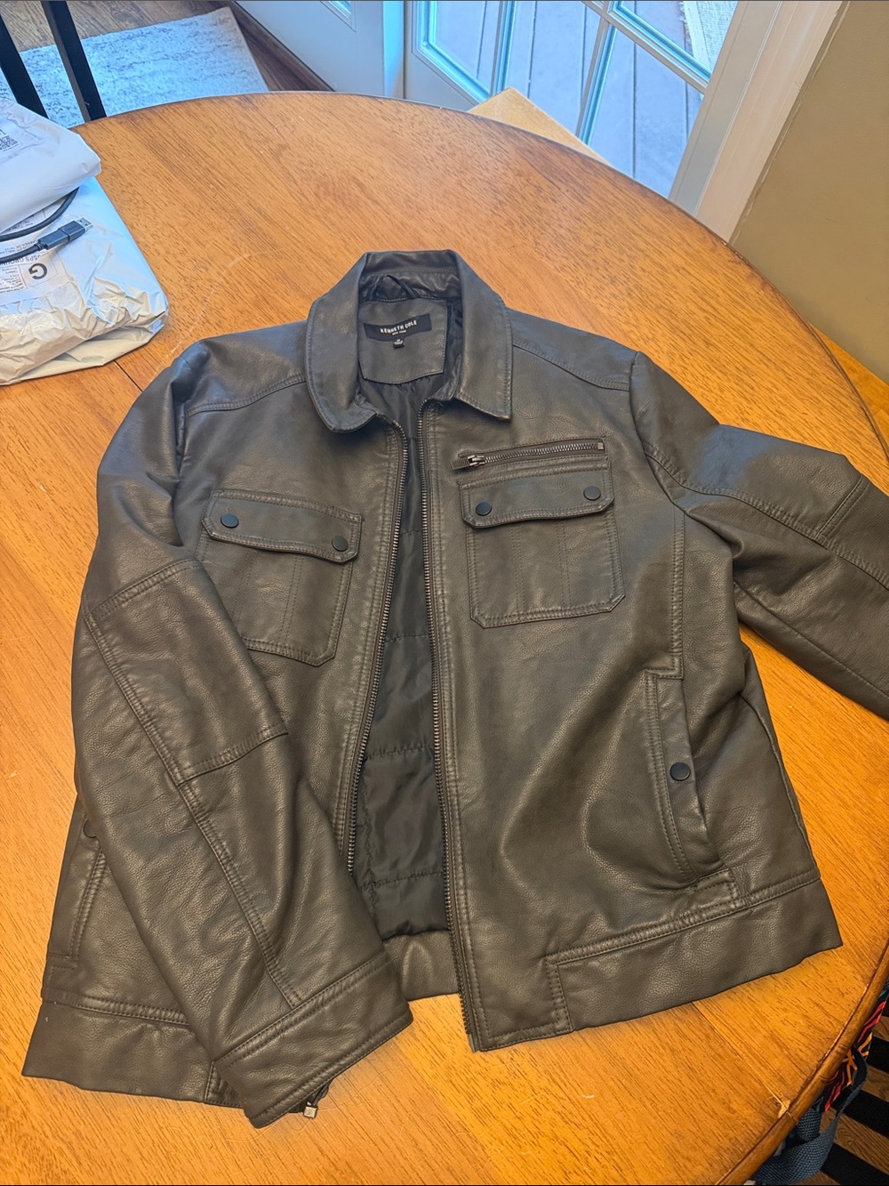 Kenneth Cole New York Men's Dark Gray Leather Bomber Jacket